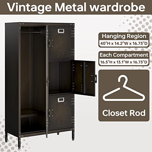 MIIIKO Steel Wardrobe Cabinet Locker, Rustic Metal Storage Cabinet with Shelf, Lockable Doors and Hanging Rod, Industrial Locker Cabinet for Locker MIIIKO