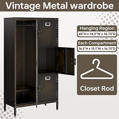 MIIIKO Steel Wardrobe Cabinet Locker, Rustic Metal Storage Cabinet with Shelf, Lockable Doors and Hanging Rod, Industrial Locker Cabinet for Locker - WoodArtSupply