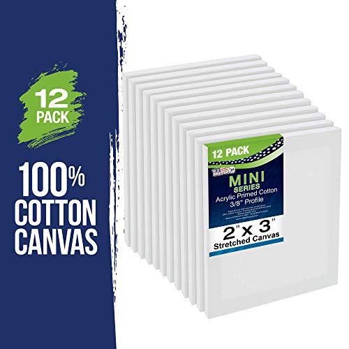 U.S. Art Supply 2" x 3" Stretched Canvas with 5" Mini Natural Wood Display Easel Kit (Pack of 12), Artist Tripod Tabletop Holder Stand - Painting U.S. Art Supply