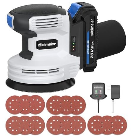 Bielmeier 20V Cordless Random Orbital Sander Kit with 2.0Ah Battery,Fast Charger,6 Variable Speed Electric Hand Sander with 15-Piece Hook & Loop Bielmeier