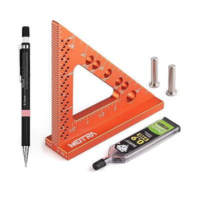 Neitra Small Square Ruler with Fixed Angle Pin, Accurate Compact Aluminum Alloy Mini Squares with Laser Etched Markings, Includes a Mechanical Pencil