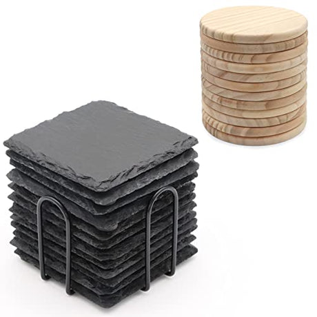 24 Pack Drink Coasters Set, SIJDIEE 4 Inch Square Slate Stone Drink Coasters with Round Blank Wood Craft Coasters for DIY Painting Wood Engraving SIJDIEE