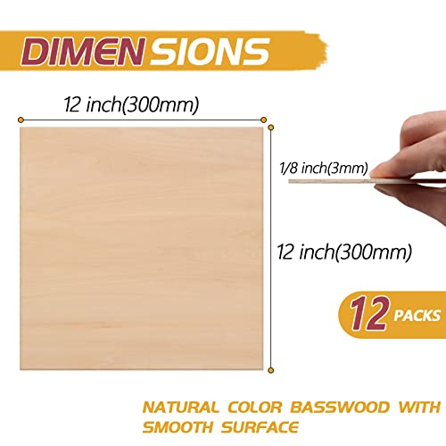 12 Pack Basswood Sheets for Crafts, SIJDIEE 12 x 12 x 1/8 Inch Balsa Wood Sheets, 3mm Thick Plywood Sheets with Smooth Surfaces for Laser Cutting, - WoodArtSupply