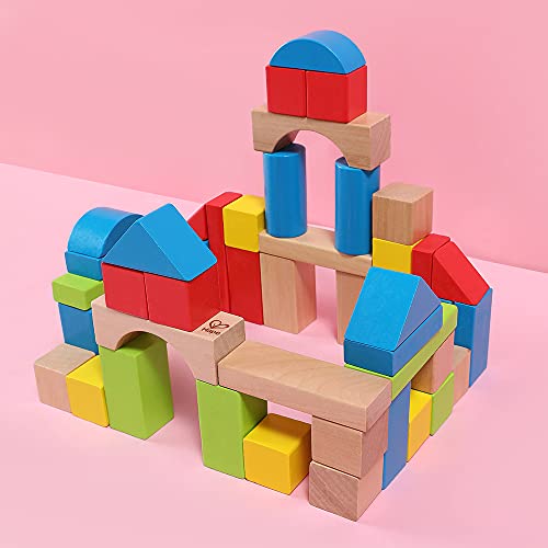 Maple Wood Kids Building Blocks by Hape | Stacking Wooden Block Educational Toy Set for Toddlers, 50 Brightly Colored Pieces in Assorted Shapes and Hape