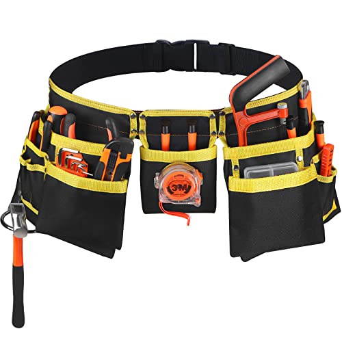 LOTKEY Tool Belt, 13 Pockets Tool Belts for Men Including Steel Hammer Loops Measuring Tape Holder Tool Pouch Adjustable Up to 41" for Woodworker, LOTKEY