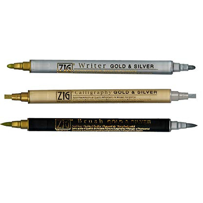 Kuretake Zig Gold and Silver pens Assortment Set, Professional Quality for Artist, Christmas Card, Brush Lettering, Illustration, Card Making, - WoodArtSupply