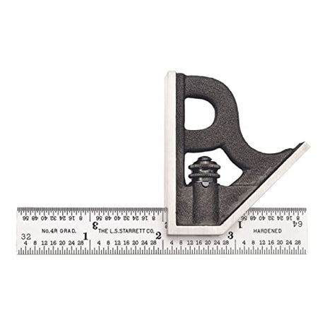 Starrett Steel Combination Square with Square Head - 4" Blade Length, Cast Iron Head, Hardened Steel, Reversible Lock Bolt, 4R Graduation Type - Starrett