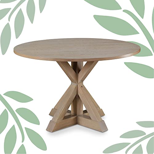 Finch Alfred Round Solid Wood Rustic Dining Table for Farmhouse Kitchen Room Decor, Wooden Trestle Pedestal Base, 46.5" Wide Circular Tabletop, Finch