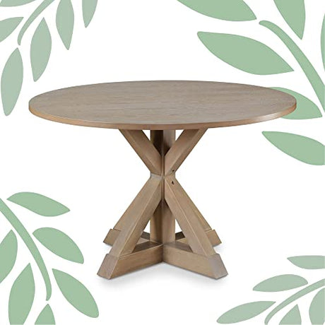 Finch Alfred Round Solid Wood Rustic Dining Table for Farmhouse Kitchen Room Decor, Wooden Trestle Pedestal Base, 46.5" Wide Circular Tabletop, Finch