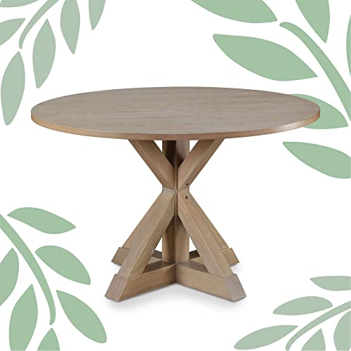 Finch Alfred Round Solid Wood Rustic Dining Table for Farmhouse Kitchen Room Decor, Wooden Trestle Pedestal Base, 46.5" Wide Circular Tabletop, - WoodArtSupply