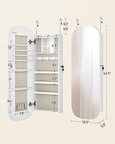 SONGMICS Jewelry Organizer, LED Jewelry Cabinet Wall/Door Mounted, Lockable Rounded Wide Mirror with Storage, Interior Mirror, White Surface with SONGMICS
