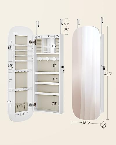 SONGMICS Jewelry Organizer, LED Jewelry Cabinet Wall/Door Mounted, Lockable Rounded Wide Mirror with Storage, Interior Mirror, White Surface with