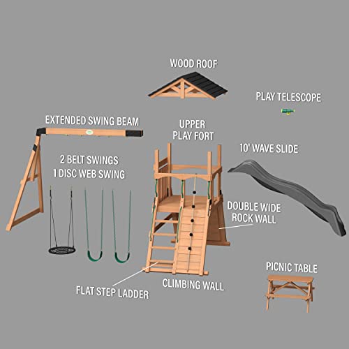 Backyard Discovery Endeavor II All Cedar Wood Swing Set Playset for Backyard with Gray Wave Slide Climbing Wall with Rope Picnic Table Double Wide - WoodArtSupply