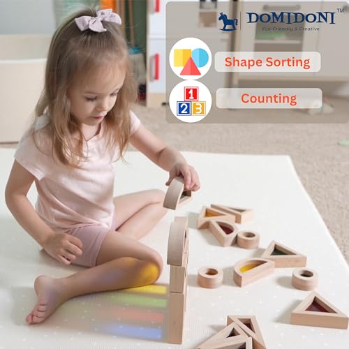 DomiDoni Wood Building Blocks Set - Montessori Toys Wooden Stacking Blocks for Toddlers Baby Boys and Girls - Preschool Shape Sorting and Stacking