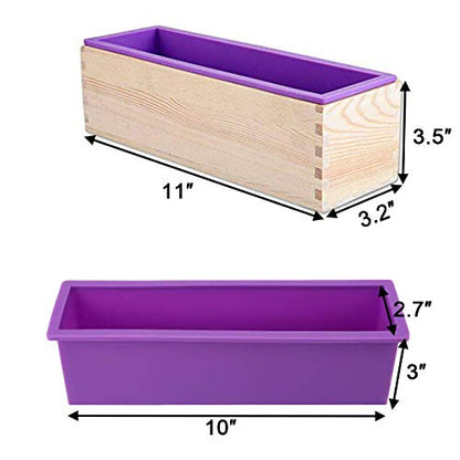 Ogrmar Silicone Soap Molds Kit-42 oz Wooden Silicone Soap Rectangular Mold with Stainless Steel Wavy & Straight Scraper for Soap Cake Making (Purple)