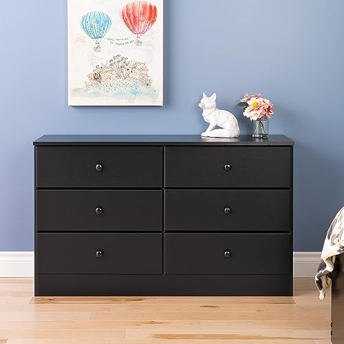 Prepac Astrid 6 Drawer Double Dresser For Bedroom, 16" D x 47.25" W x 28.25" H, Black - WoodArtSupply