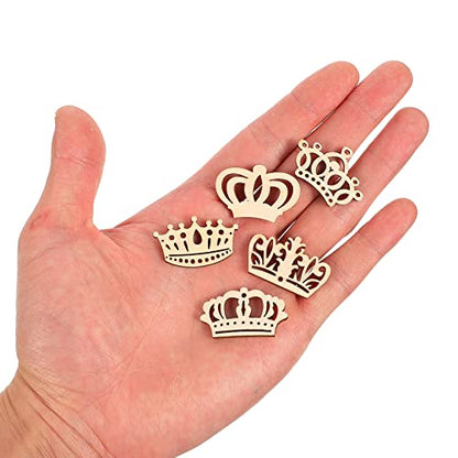 Amosfun 50PCS Wooden Pieces Crown Shape Wooden Pieces Hollow Out Wood Cutouts DIY Art Craft Embellishments Ornaments