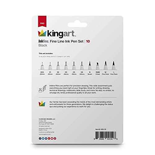 KINGART 430-10 PRO Inkline Micro Line & Precision Graphic Pens, 10 Assorted Nibs, Archival Waterproof Black Japanese Ink for Art, Illustration, KINGART