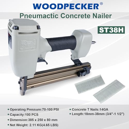 Woodpecker 14 Gauge Pneumatic Concrete Nail Gun ST38H with Safety Lock, 3/4-Inch to 1-1/2-Inch Length Air Power Concrete T Nailer Heavy Duty Concrete KAMSIN