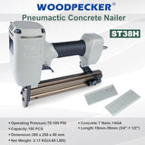 Woodpecker 14 Gauge Pneumatic Concrete Nail Gun ST38H with Safety Lock, 3/4-Inch to 1-1/2-Inch Length Air Power Concrete T Nailer Heavy Duty Concrete KAMSIN