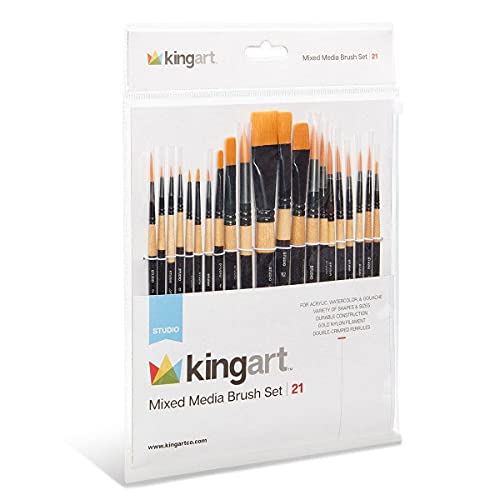 KINGART Studio Mixed Media Brush Set, Set of 21, Variety of Shapes &Sizes, Gold Nylon Filament, Black Gloss Lacquered Handle with Black Ferrule, KINGART