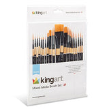 KINGART Studio Mixed Media Brush Set, Set of 21, Variety of Shapes &Sizes, Gold Nylon Filament, Black Gloss Lacquered Handle with Black Ferrule, KINGART