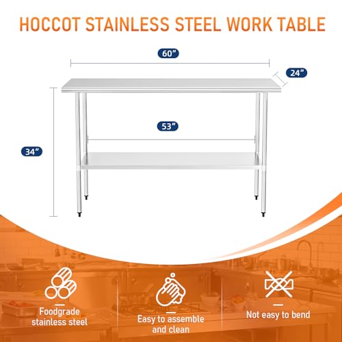 HOCCOT Stainless Steel Table for Prep & Work 24" X 60" inches with Adjustable Shelf, Commercial Workstations, Utility Table in Kitchen Garage Laundry - WoodArtSupply