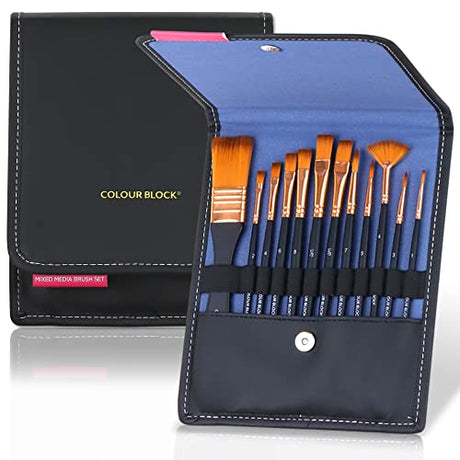 COLOUR BLOCK 12PC Acrylic Paint Brushes Set with Leather Case, Mixed Media Brush Set, Watercolor, Fabric Paint, Rock Painting Art Supplies in Easy COLOUR BLOCK