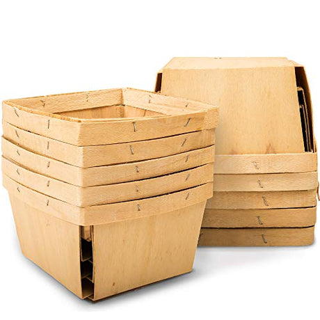 One Quart Wooden Gift Baskets (10 Pack); for Picking Fruit or Arts, Crafts and Decor; 5.75” Square Vented Wood Boxes TOP HOME STORE