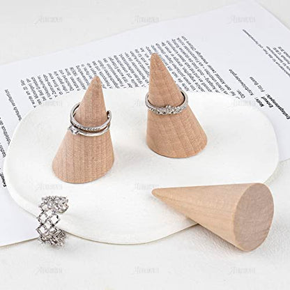 AUEAR, 10 Pack Small Natural Wooden Cone Ring Holder Finger Wood Jewelry Ring Display Stand Organizer DIY Craft (Tilted Shaped)