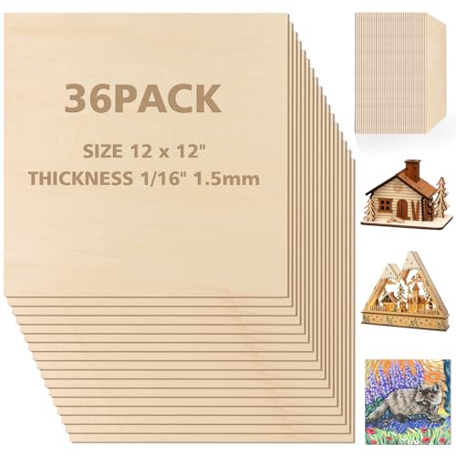 Basswood Sheets 1/16 x 12 x 12 inch - 1.5mm Basswood Sheets Plywood Sheets, 36Pcs Square Unfinished Wood Board for DIY Crafts, Laser Cutting, Wood - WoodArtSupply