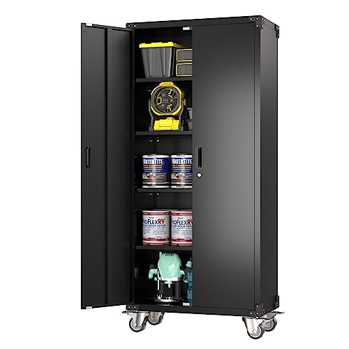 Aobabo 72 Inches Metal Garage Storage Cabinet with Wheels, Locking Metal Storage Cabinet with 4Shelves, Rolling Tool Storage Cabinet on Wheels, Aobabo