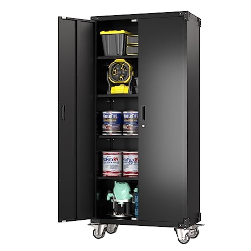 Aobabo 72 Inches Metal Garage Storage Cabinet with Wheels, Locking Metal Storage Cabinet with 4Shelves, Rolling Tool Storage Cabinet on Wheels,