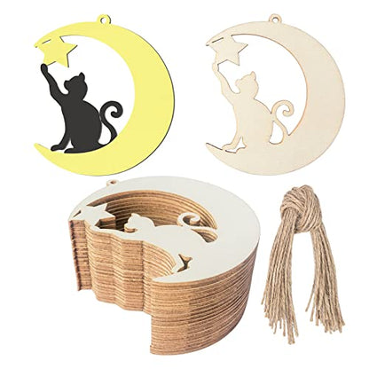 Cat Wood Star Wood Moon Shape Wooden Blank Wood with Twines Art Unfinished Ornaments for Wedding Birthday Party Christmas Decoration 20Pcs