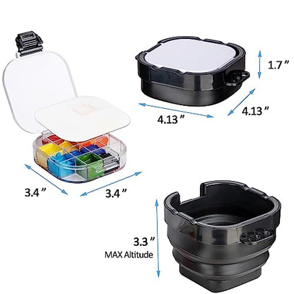 Falling in Art 16 Wells Paint Palette, Airtight Palette Storage Box with Lid and Folding Paint Brush Basin for Watercolor, Gouache and Acrylic - WoodArtSupply