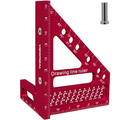 Premium Carpenter Square Hole Scribing Ruler Precision Woodworking Tool 22.5-90 Degree Measuring Ruler with Angle Pin Versatile Speed Square for