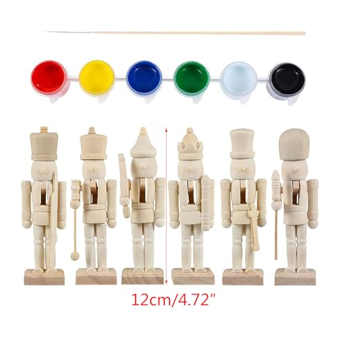 6pcs DIY Wooden Christmas Nutcrackers, DIY Blank Unpainted Unpainted Puppet Walnut Soldier With Paint & Brush For Christmas Decoration YmilemY