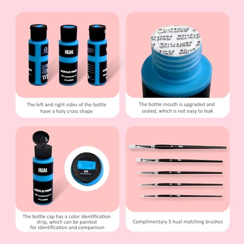 HUAL Premium Acrylic Paint Set With 5 Brushes, 24 Colors (60ml, 2oz), Non Toxic, Waterproof, Acrylic Paint Kit for Professional Artists Kids Students HUAL