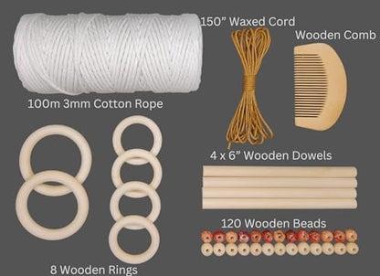 BAXTALO Complete Macrame Kit: 3mm x 109 Yards Natural Cotton Cord, Wooden Beads, Rings and Sticks, 20cm Moon and Star Metal Rings, and Macrame - WoodArtSupply