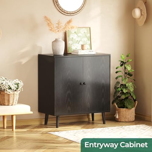 Huuger Buffet Cabinet with Storage, Storage Cabinet with 2 Doors, Black Cabinet with Solid Wood Feet, Sideboard Cabinet Accent Cabinet, for Kitchen, - WoodArtSupply