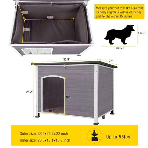 Insulated Wooden Dog Kennel Dog House with PVC Curtain and Removable Floor for Easy Cleaning (Large)