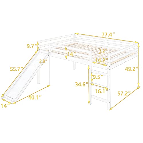 Lostcat Elegant Full Size Low Loft Bed with Slide and Ladder for Kids - WoodArtSupply