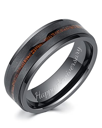 LerchPhi 8MM Custom Engrave Valentines Day Gift for Him Mens Wedding Band KOA Wood Inlay Black Zirconium Stepped Edge Unisex Promise Ring Size 10.5 - WoodArtSupply