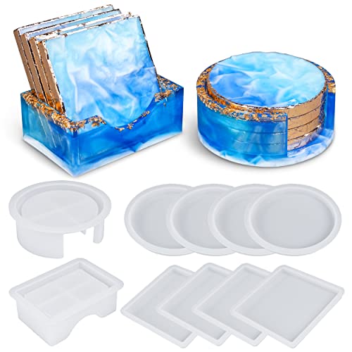 LET'S RESIN Coaster Resin Molds, Upgraded 10pcs Epoxy Molds Holder Kit with 5 Plastic Dropper 5 Wooden Sticks 2 Gloves, Sturdy Silicone Molds for - WoodArtSupply