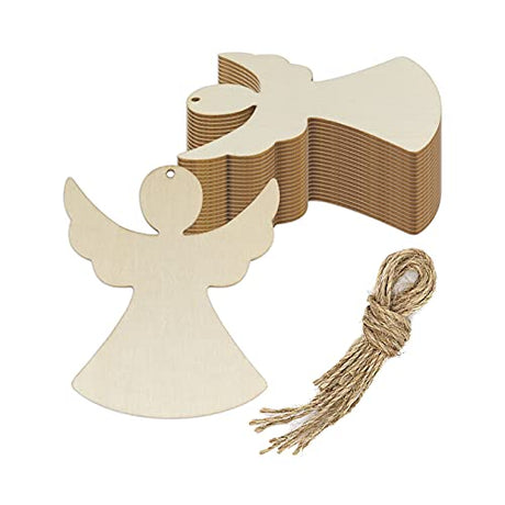 Creaides 20pcs Angel Wood DIY Crafts Cutouts Wooden Angel Shaped Hanging Ornaments with Hole Hemp Ropes Gift Tags for Wedding Birthday Christmas Creaides