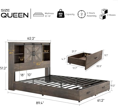 HOWE Rustic Queen Wood Platform Bed with Bookcase Headboard & Storage Drawers HOWE