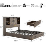 HOWE Rustic Queen Wood Platform Bed with Bookcase Headboard & Storage Drawers HOWE