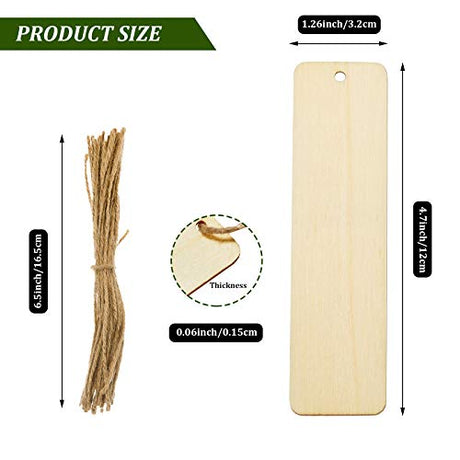 Wood Blank Bookmarks DIY Wooden Craft Bookmark Unfinished Wood Hanging Tags Rectangle Shape Blank Bookmark Ornaments with Holes and Ropes for Zonon