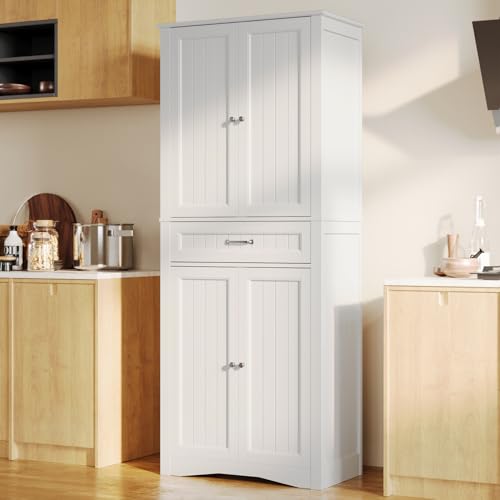 Gizoon 71'' Kitchen Pantry Storage Cabinet, Freestanding Cupboard with 4 Barn Doors and 4 Adjustable Shelves, Hutch Bar Cabinet with Large Drawer for Gizoon