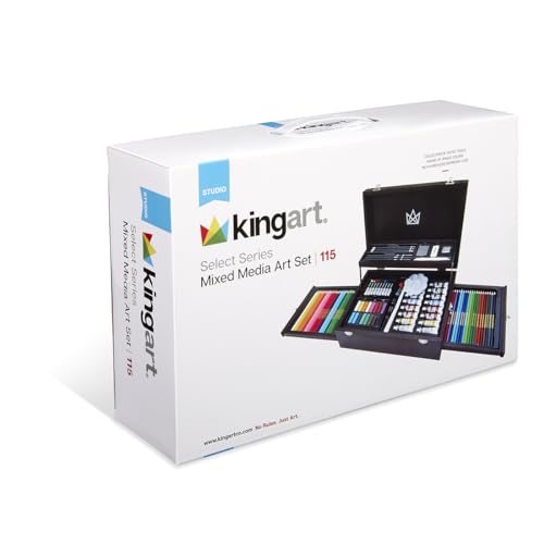 KINGART Mixed Media Art Set, 2-Drawer Wooden Case, Pencils, Pastels, Paints, Brushes, Erasers, Sharpener, Palette Knife, Palette, Painting, Drawing, KINGART